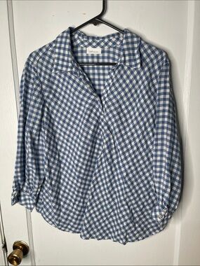 J Jill Gingham Top Linen Swing Blouse Blue Check Petite L Flowy Country Picnic